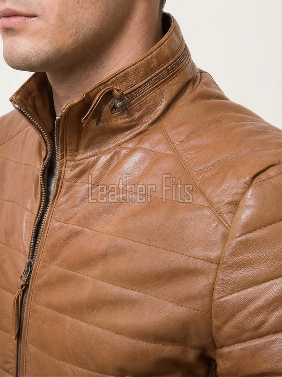 Men Toffee Oak Leather Puffer Jacket | Premium Genuine Soft Lambskin Cafe Racer Outerwear | Vintage Camel Horizontal Stitched Channel Slim Fit Blouson