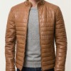 Men Toffee Oak Leather Puffer Jacket | Premium Genuine Soft Lambskin Cafe Racer Outerwear | Vintage Camel Horizontal Stitched Channel Slim Fit Blouson