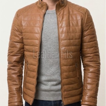 Men Toffee Oak Leather Puffer Jacket | Premium Genuine Soft Lambskin Cafe Racer Outerwear | Vintage Camel Horizontal Stitched Channel Slim Fit Blouson