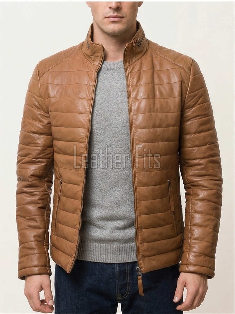 Men Toffee Oak Leather Puffer Jacket | Premium Genuine Soft Lambskin Cafe Racer Outerwear | Vintage Camel Horizontal Stitched Channel Slim Fit Blouson