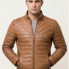 Men Toffee Oak Leather Puffer Jacket | Premium Genuine Soft Lambskin Cafe Racer Outerwear | Vintage Camel Horizontal Stitched Channel Slim Fit Blouson