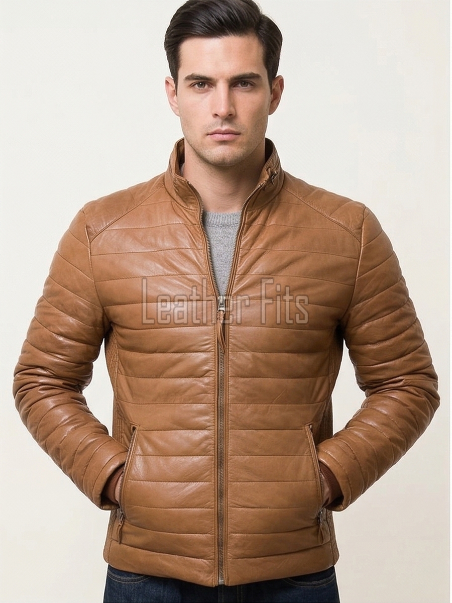 Men Toffee Oak Leather Puffer Jacket | Premium Genuine Soft Lambskin Cafe Racer Outerwear | Vintage Camel Horizontal Stitched Channel Slim Fit Blouson