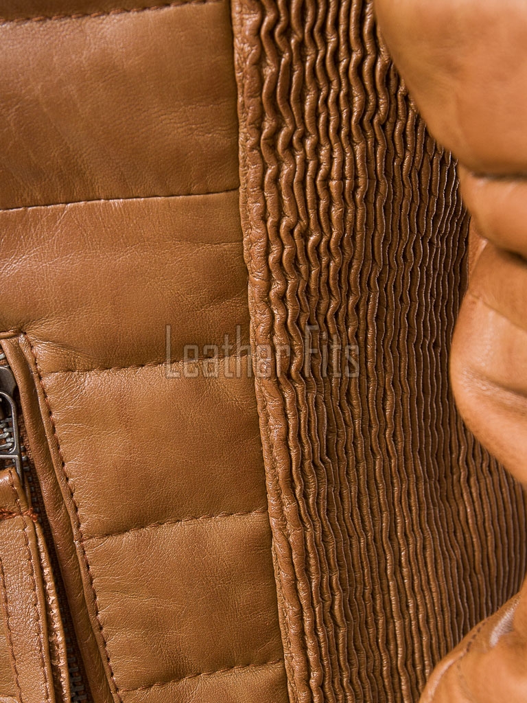 Men Toffee Oak Leather Puffer Jacket | Premium Genuine Soft Lambskin Cafe Racer Outerwear | Vintage Camel Horizontal Stitched Channel Slim Fit Blouson