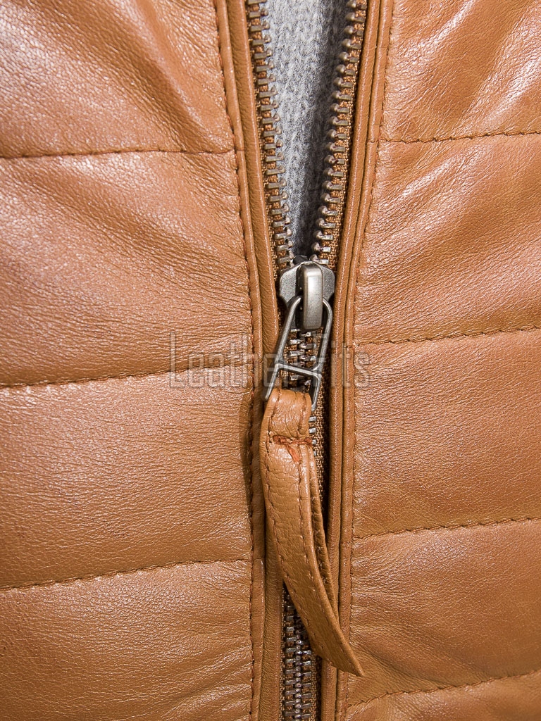 Men Toffee Oak Leather Puffer Jacket | Premium Genuine Soft Lambskin Cafe Racer Outerwear | Vintage Camel Horizontal Stitched Channel Slim Fit Blouson