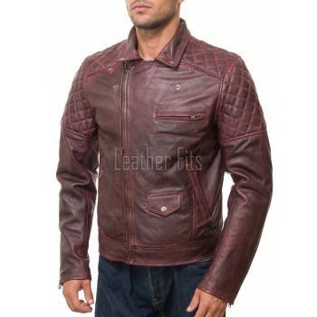 Men Burgundy Oxblood Leather Biker Jacket | Premium Genuine Lambskin Double Rider Moto | Diamond Quilted Shoulder Classic Flap Pocket Coat