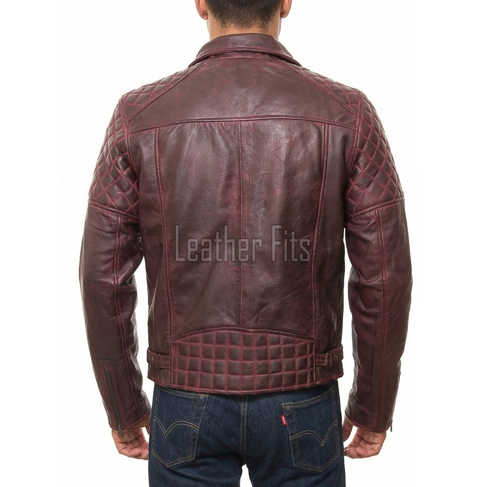 Men Burgundy Oxblood Leather Biker Jacket | Premium Genuine Lambskin Double Rider Moto | Diamond Quilted Shoulder Classic Flap Pocket Coat