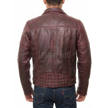 Men Burgundy Oxblood Leather Biker Jacket | Premium Genuine Lambskin Double Rider Moto | Diamond Quilted Shoulder Classic Flap Pocket Coat