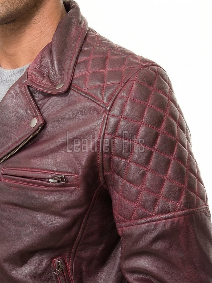 Men Burgundy Oxblood Leather Biker Jacket | Premium Genuine Lambskin Double Rider Moto | Diamond Quilted Shoulder Classic Flap Pocket Coat