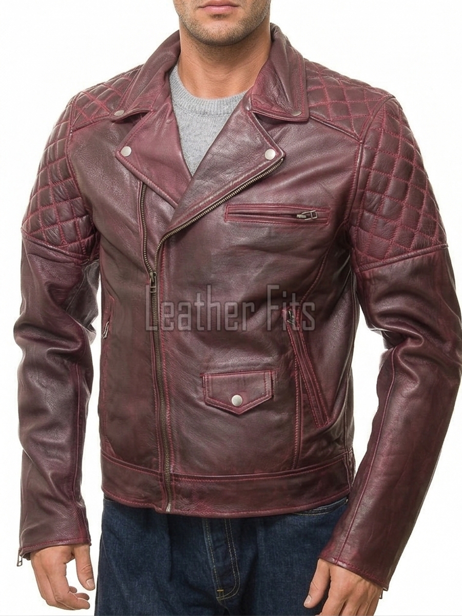 Men Burgundy Oxblood Leather Biker Jacket | Premium Genuine Lambskin Double Rider Moto | Diamond Quilted Shoulder Classic Flap Pocket Coat