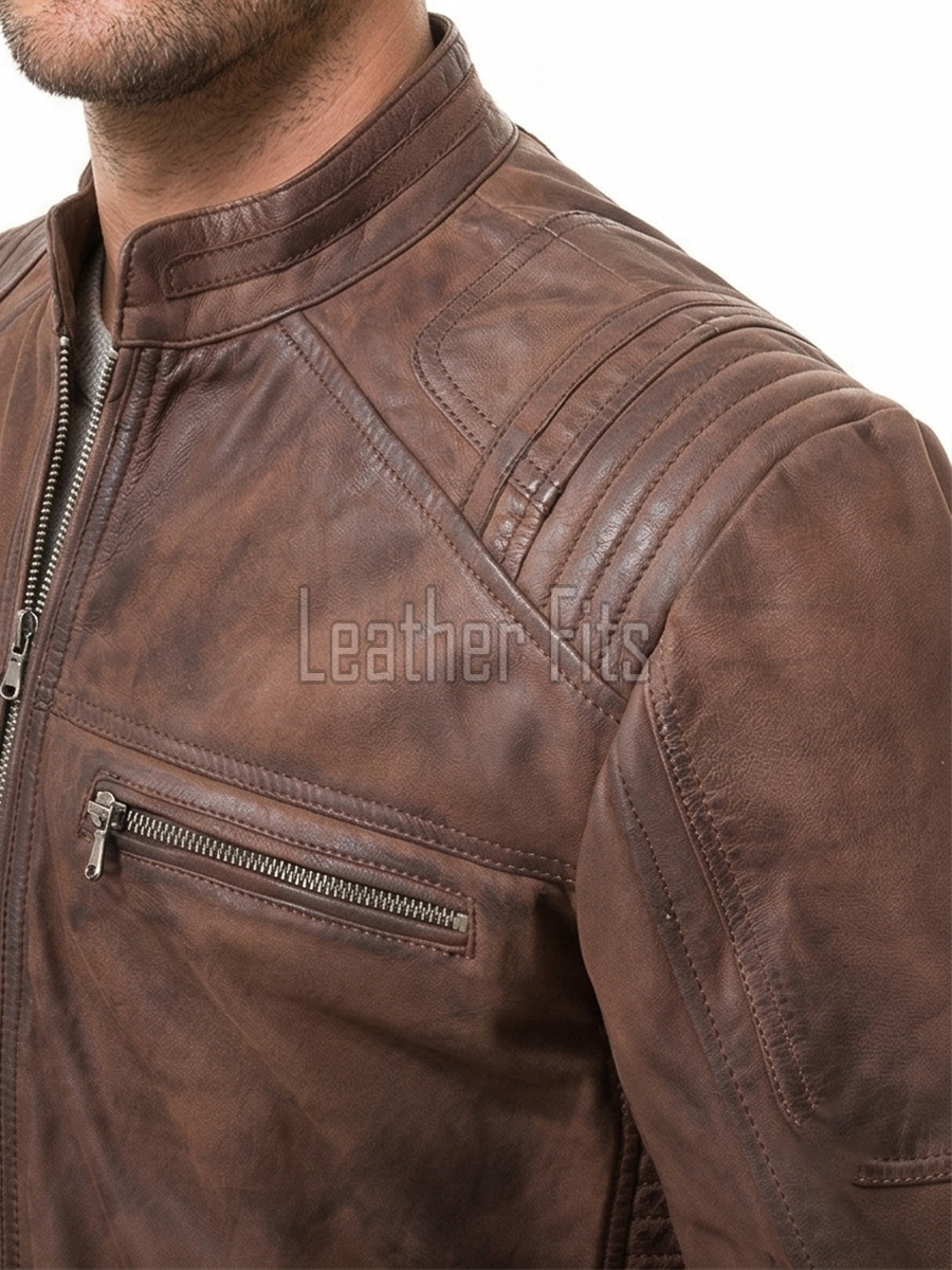 Men Distressed Cocoa Brown Leather Jacket | Premium Genuine Lambskin Cafe Racer Moto | Track Ribbed Shoulder Multi-Pocket Zipper Cruiser Coat