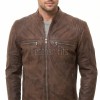 Men Distressed Cocoa Brown Leather Jacket | Premium Genuine Lambskin Cafe Racer Moto | Track Ribbed Shoulder Multi-Pocket Zipper Cruiser Coat
