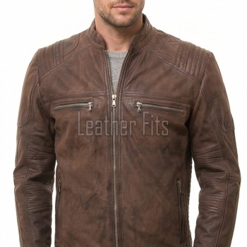 Men Distressed Cocoa Brown Leather Jacket | Premium Genuine Lambskin Cafe Racer Moto | Track Ribbed Shoulder Multi-Pocket Zipper Cruiser Coat