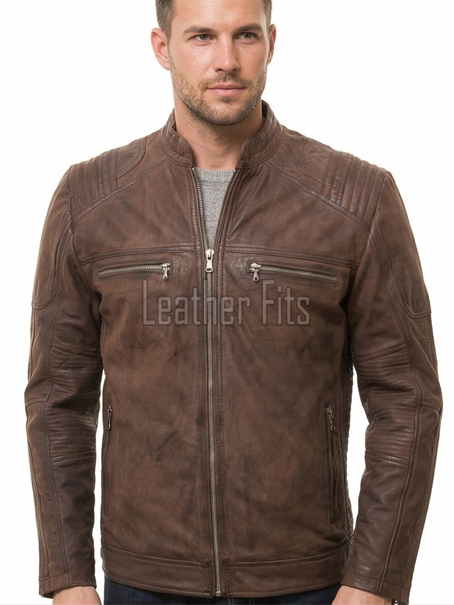 Men Distressed Cocoa Brown Leather Jacket | Premium Genuine Lambskin Cafe Racer Moto | Track Ribbed Shoulder Multi-Pocket Zipper Cruiser Coat