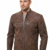 Men Distressed Cocoa Brown Leather Jacket | Premium Genuine Lambskin Cafe Racer Moto | Track Ribbed Shoulder Multi-Pocket Zipper Cruiser Coat
