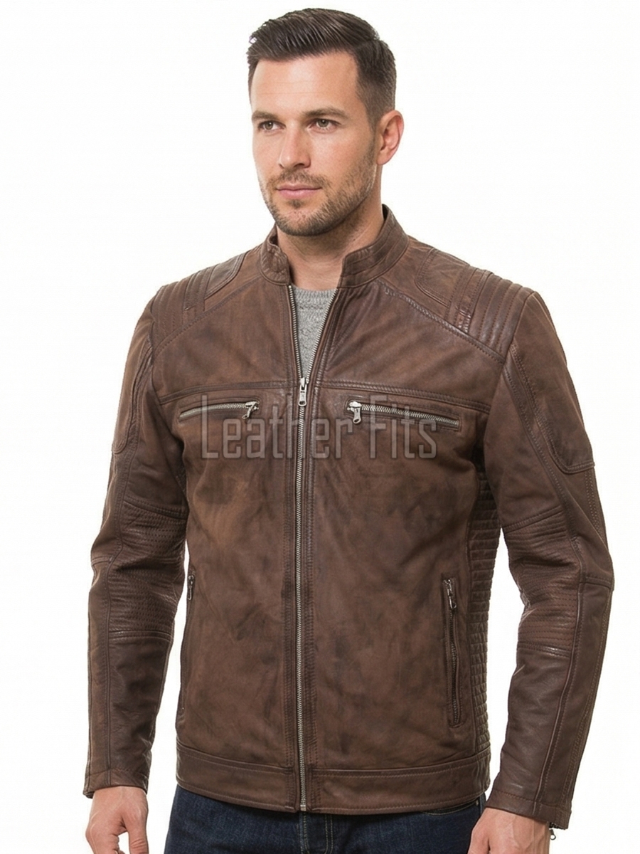 Men Distressed Cocoa Brown Leather Jacket | Premium Genuine Lambskin Cafe Racer Moto | Track Ribbed Shoulder Multi-Pocket Zipper Cruiser Coat