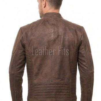 Men Distressed Cocoa Brown Leather Jacket | Premium Genuine Lambskin Cafe Racer Moto | Track Ribbed Shoulder Multi-Pocket Zipper Cruiser Coat