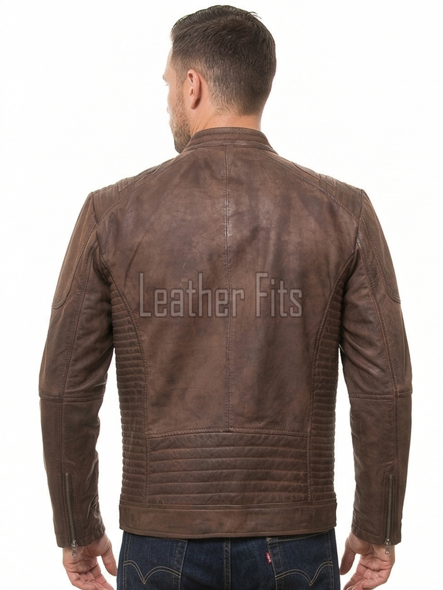 Men Distressed Cocoa Brown Leather Jacket | Premium Genuine Lambskin Cafe Racer Moto | Track Ribbed Shoulder Multi-Pocket Zipper Cruiser Coat