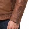 Men Vintage Whiskey Tan Leather Jacket | Premium Genuine Lambskin Cafe Racer Moto | Distressed Cognac Ribbed Sleeve Multi-Pocket Cruiser Coat