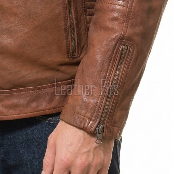 Men Vintage Whiskey Tan Leather Jacket | Premium Genuine Lambskin Cafe Racer Moto | Distressed Cognac Ribbed Sleeve Multi-Pocket Cruiser Coat