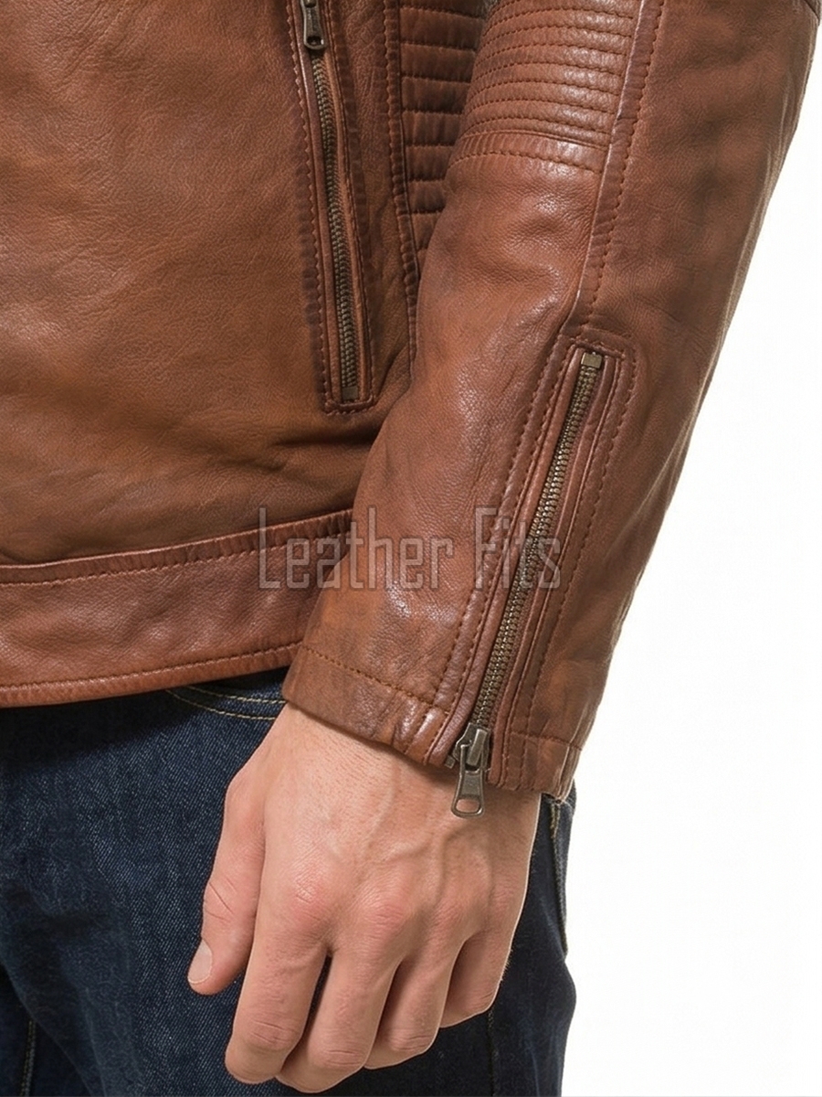 Men Vintage Whiskey Tan Leather Jacket | Premium Genuine Lambskin Cafe Racer Moto | Distressed Cognac Ribbed Sleeve Multi-Pocket Cruiser Coat
