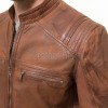 Men Vintage Whiskey Tan Leather Jacket | Premium Genuine Lambskin Cafe Racer Moto | Distressed Cognac Ribbed Sleeve Multi-Pocket Cruiser Coat