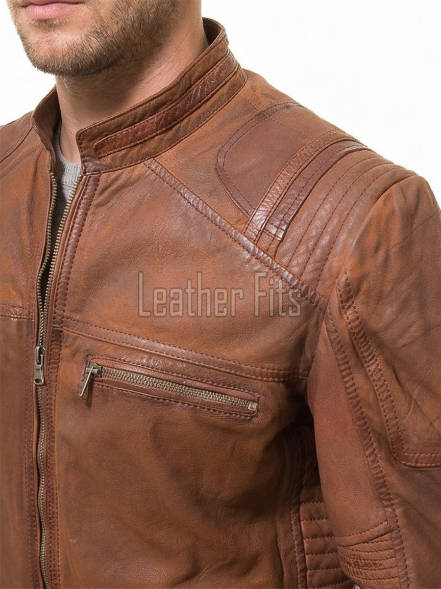 Men Vintage Whiskey Tan Leather Jacket | Premium Genuine Lambskin Cafe Racer Moto | Distressed Cognac Ribbed Sleeve Multi-Pocket Cruiser Coat