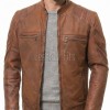 Men Vintage Whiskey Tan Leather Jacket | Premium Genuine Lambskin Cafe Racer Moto | Distressed Cognac Ribbed Sleeve Multi-Pocket Cruiser Coat