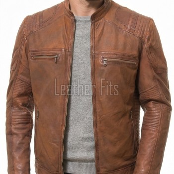 Men Vintage Whiskey Tan Leather Jacket | Premium Genuine Lambskin Cafe Racer Moto | Distressed Cognac Ribbed Sleeve Multi-Pocket Cruiser Coat