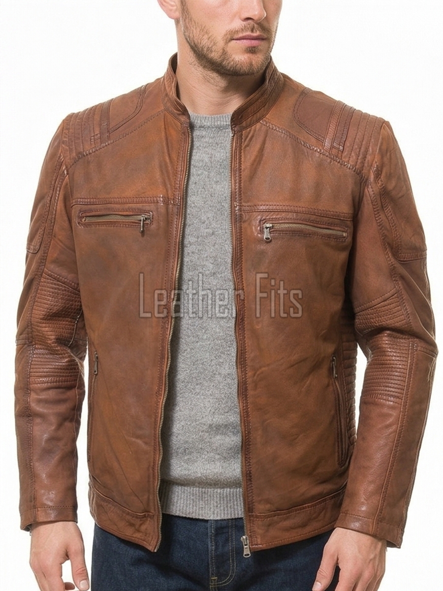 Men Vintage Whiskey Tan Leather Jacket | Premium Genuine Lambskin Cafe Racer Moto | Distressed Cognac Ribbed Sleeve Multi-Pocket Cruiser Coat