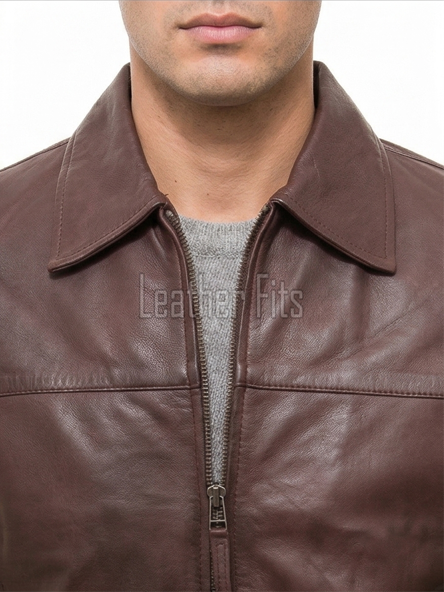 Men Walnut Brown Leather Shirt Collar Jacket | Premium Genuine Lambskin Minimalist Bomber | Smart Casual Paneled Smooth Earth Tone Coat