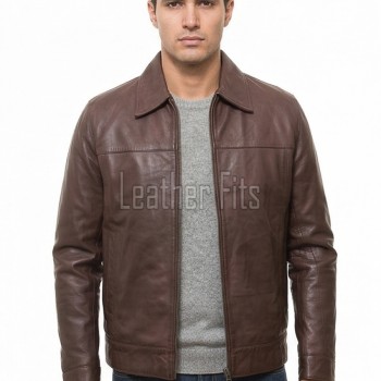 Men Walnut Brown Leather Shirt Collar Jacket | Premium Genuine Lambskin Minimalist Bomber | Smart Casual Paneled Smooth Earth Tone Coat