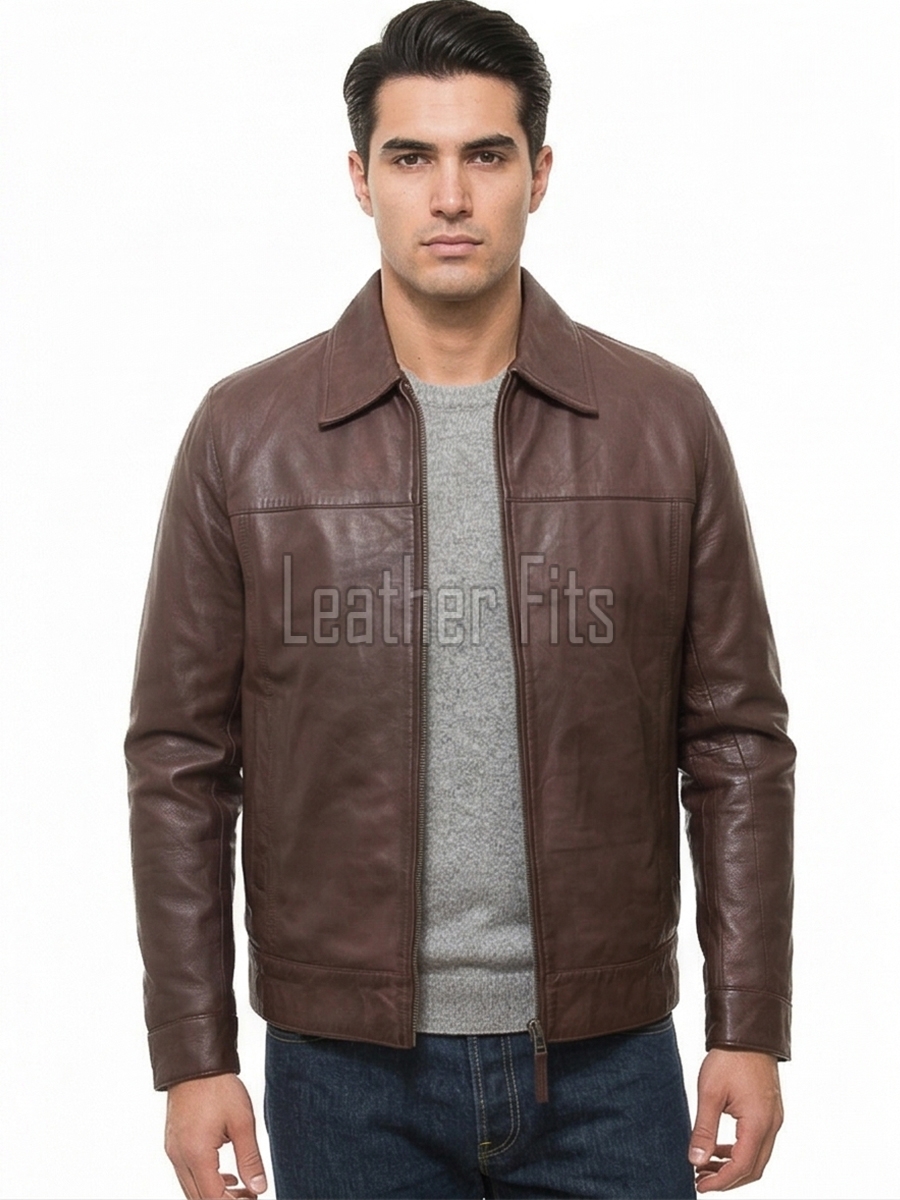 Men Walnut Brown Leather Shirt Collar Jacket | Premium Genuine Lambskin Minimalist Bomber | Smart Casual Paneled Smooth Earth Tone Coat