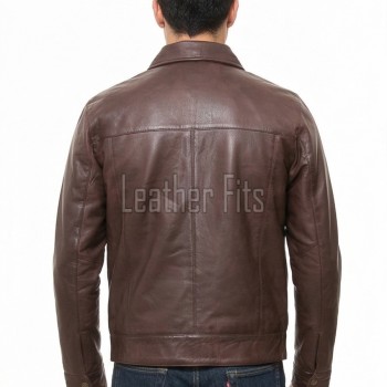 Men Walnut Brown Leather Shirt Collar Jacket | Premium Genuine Lambskin Minimalist Bomber | Smart Casual Paneled Smooth Earth Tone Coat