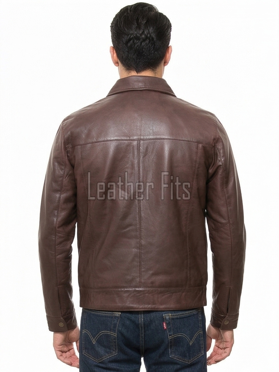 Men Walnut Brown Leather Shirt Collar Jacket | Premium Genuine Lambskin Minimalist Bomber | Smart Casual Paneled Smooth Earth Tone Coat