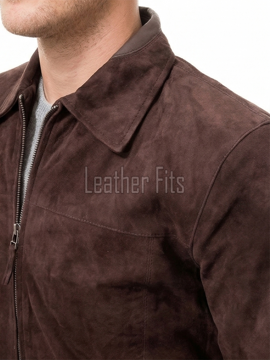 Men Espresso Brown Suede Leather Jacket | Premium Genuine Lambskin Suede Minimalist Bomber | Smart Casual Paneled Luxury Soft Velvet Coat