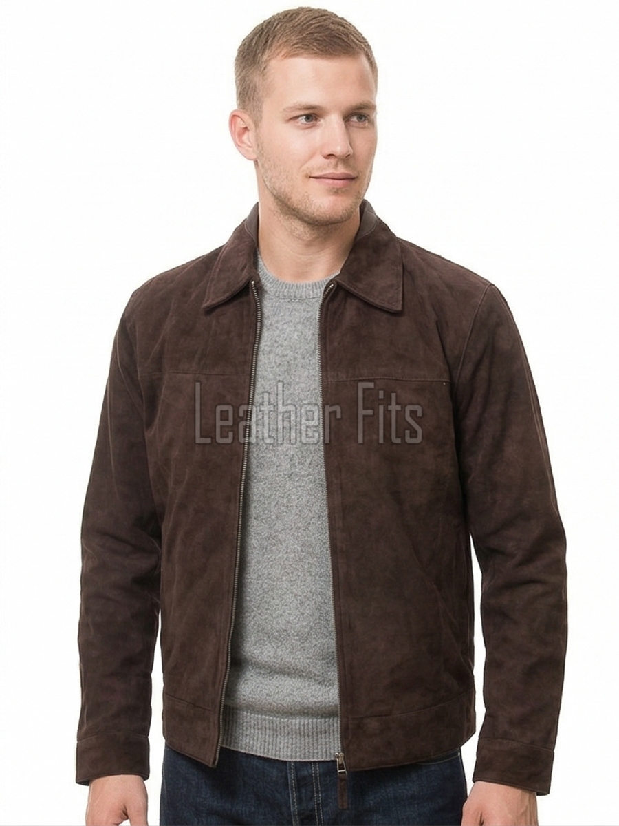 Men Espresso Brown Suede Leather Jacket | Premium Genuine Lambskin Suede Minimalist Bomber | Smart Casual Paneled Luxury Soft Velvet Coat