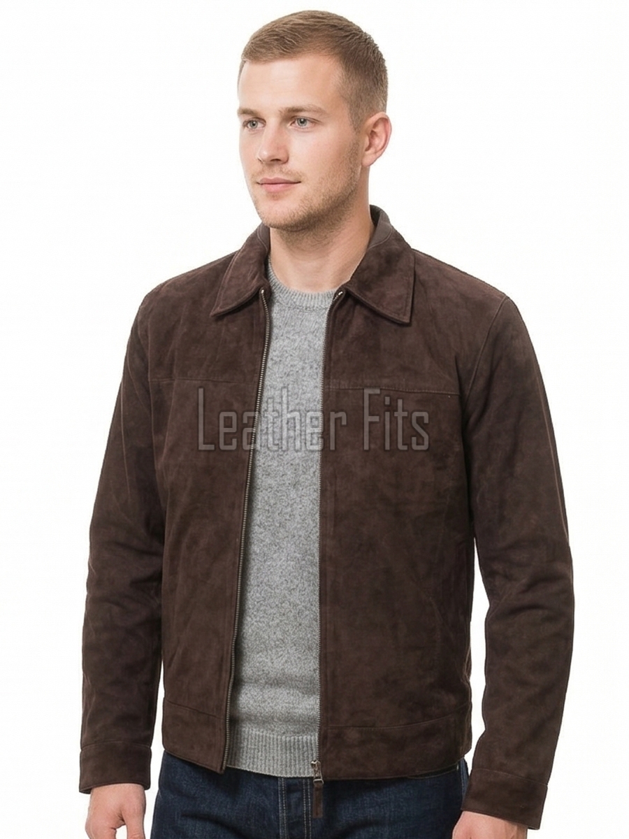 Men Espresso Brown Suede Leather Jacket | Premium Genuine Lambskin Suede Minimalist Bomber | Smart Casual Paneled Luxury Soft Velvet Coat