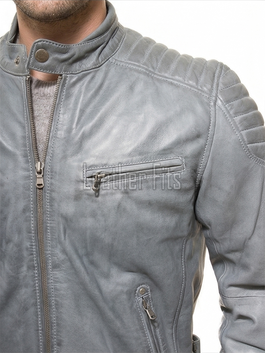 Men Stone Grey Leather Moto Jacket | Premium Genuine Lambskin Quilted Biker | Smart Casual Vintage Distressed Cafe Racer Segmented Coat
