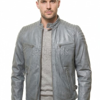 Men Stone Grey Leather Moto Jacket | Premium Genuine Lambskin Quilted Biker | Smart Casual Vintage Distressed Cafe Racer Segmented Coat