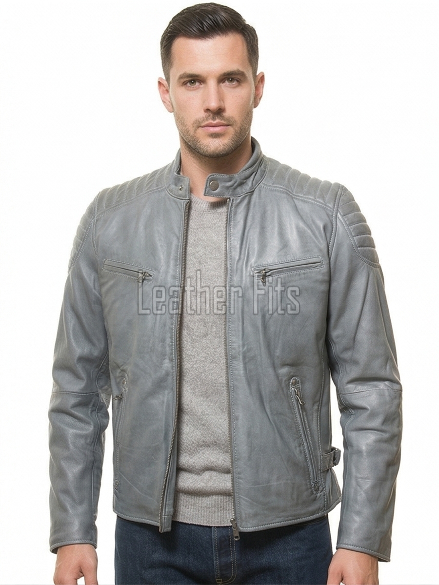 Men Stone Grey Leather Moto Jacket | Premium Genuine Lambskin Quilted Biker | Smart Casual Vintage Distressed Cafe Racer Segmented Coat