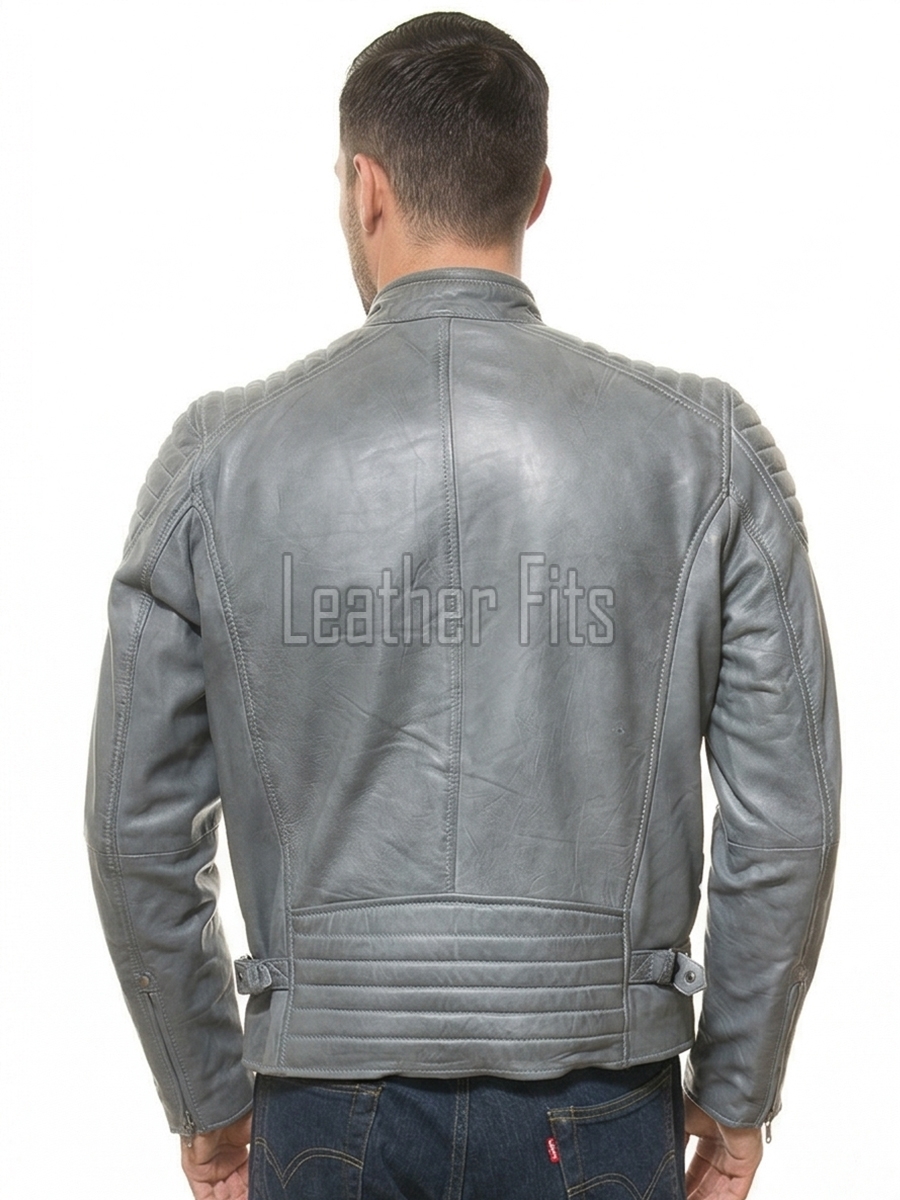 Men Stone Grey Leather Moto Jacket | Premium Genuine Lambskin Quilted Biker | Smart Casual Vintage Distressed Cafe Racer Segmented Coat
