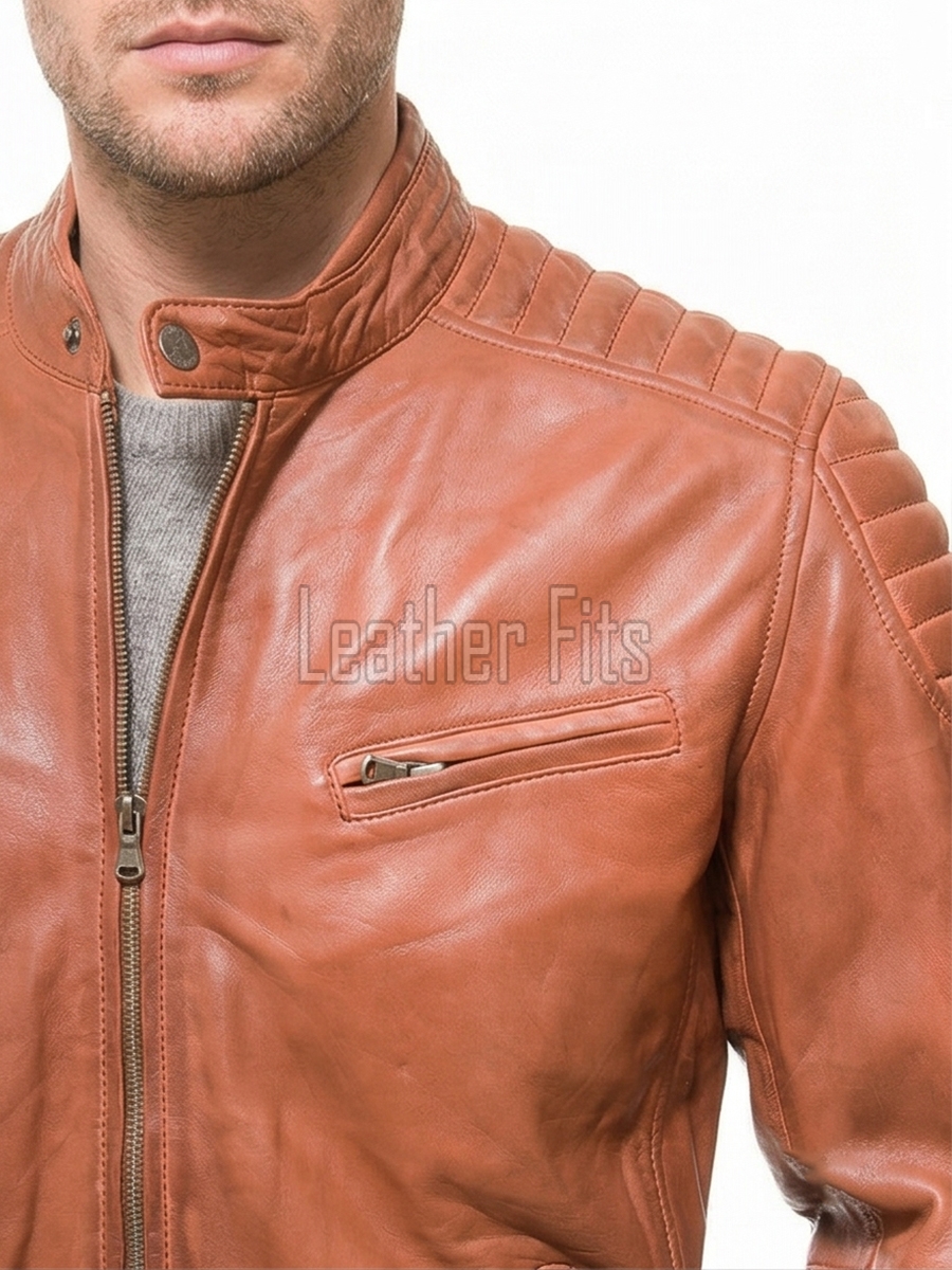 Men Cognac Copper Leather Moto Jacket | Premium Genuine Lambskin Quilted Biker | Smart Casual Vintage Russet Cafe Racer Segmented Urban Coat