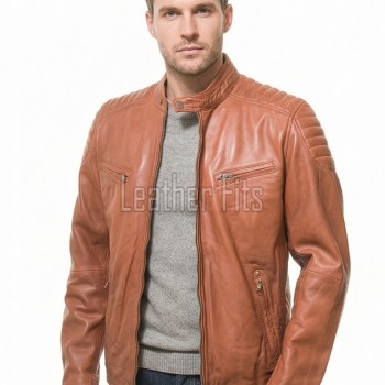 Men Cognac Copper Leather Moto Jacket | Premium Genuine Lambskin Quilted Biker | Smart Casual Vintage Russet Cafe Racer Segmented Urban Coat