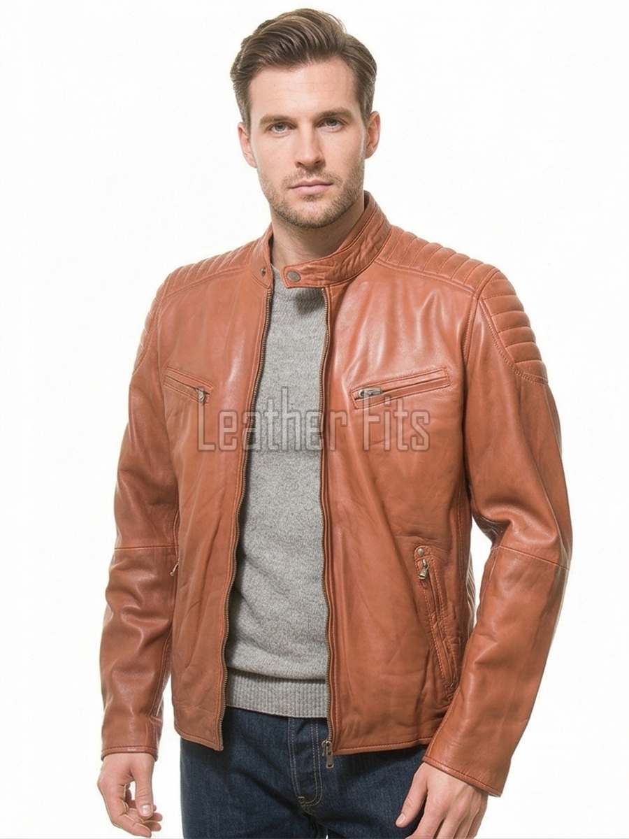 Men Cognac Copper Leather Moto Jacket | Premium Genuine Lambskin Quilted Biker | Smart Casual Vintage Russet Cafe Racer Segmented Urban Coat