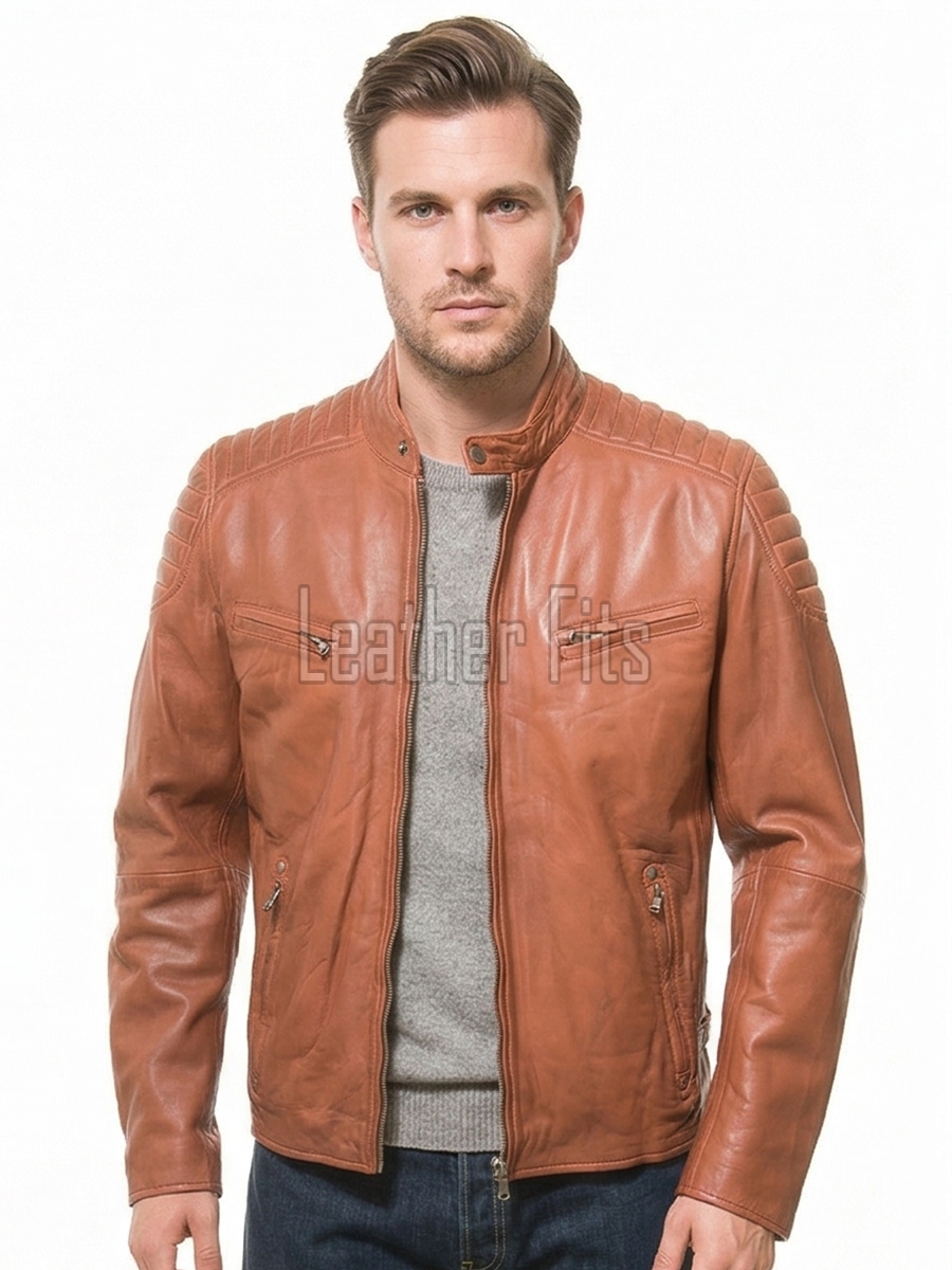 Men Cognac Copper Leather Moto Jacket | Premium Genuine Lambskin Quilted Biker | Smart Casual Vintage Russet Cafe Racer Segmented Urban Coat
