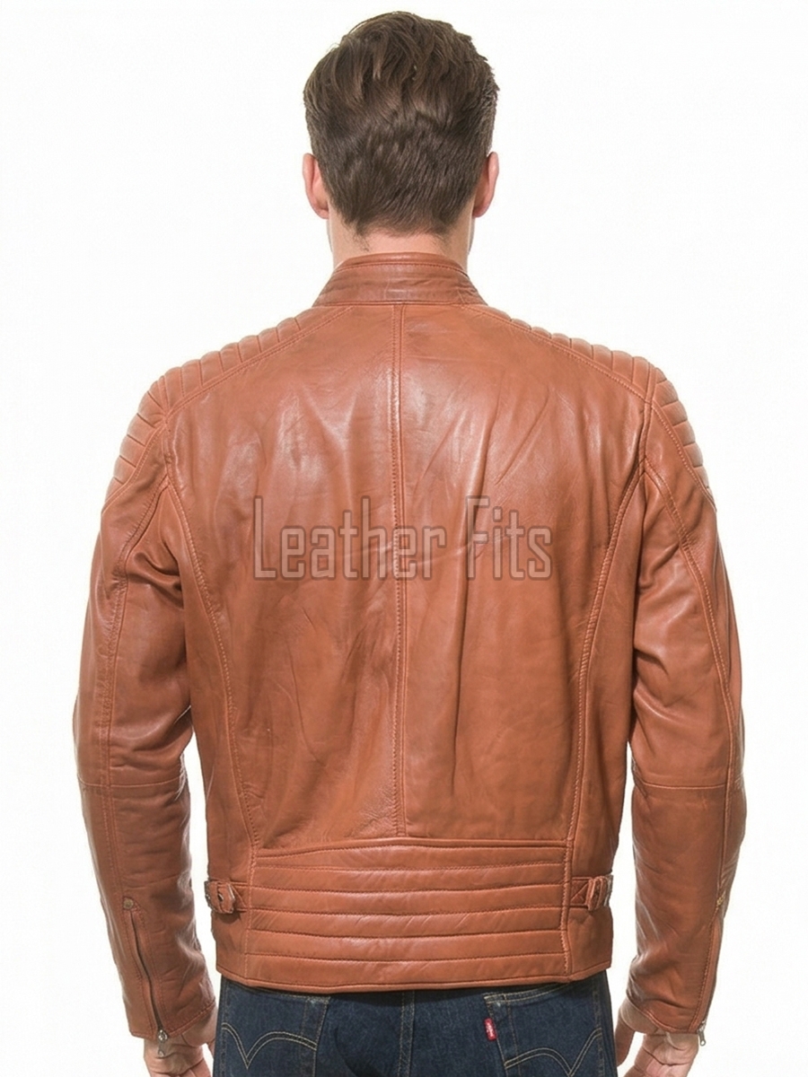 Men Cognac Copper Leather Moto Jacket | Premium Genuine Lambskin Quilted Biker | Smart Casual Vintage Russet Cafe Racer Segmented Urban Coat