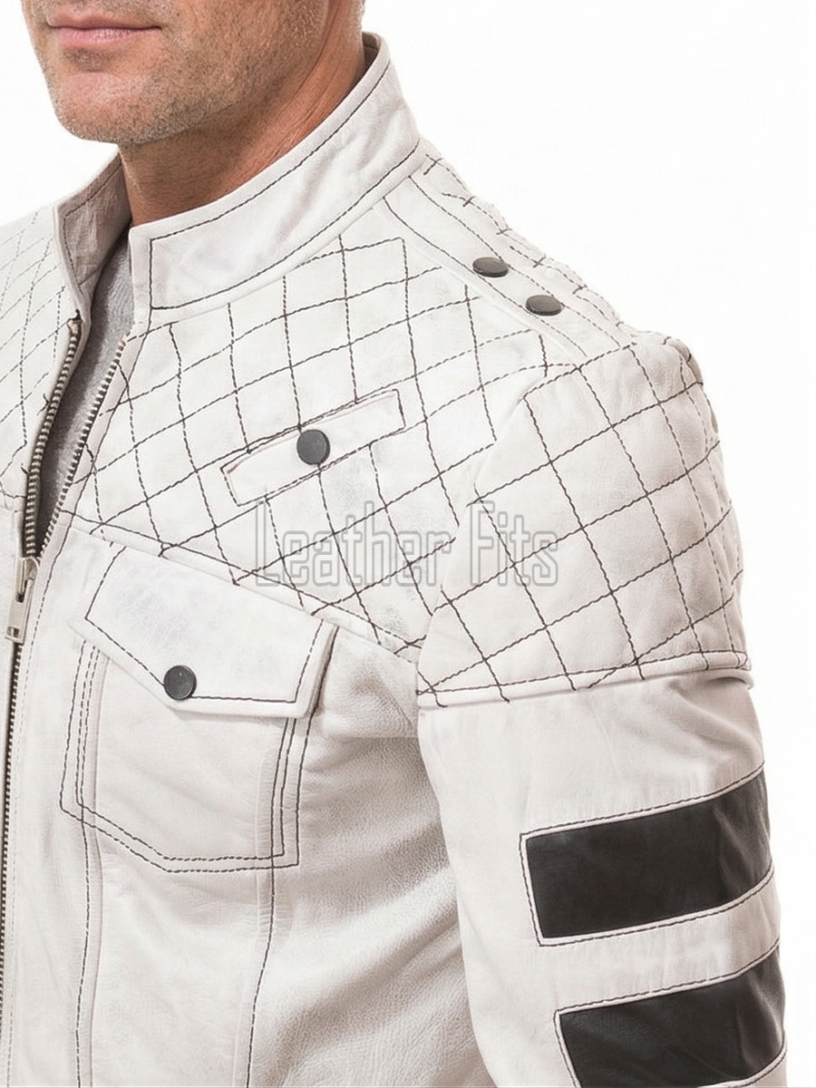 Men Off-White Leather Moto Jacket | Premium Genuine Lambskin Diamond Quilted Biker | Vintage Alabaster Cream Cafe Racer Striped Urban Coat