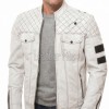 Men Off-White Leather Moto Jacket | Premium Genuine Lambskin Diamond Quilted Biker | Vintage Alabaster Cream Cafe Racer Striped Urban Coat