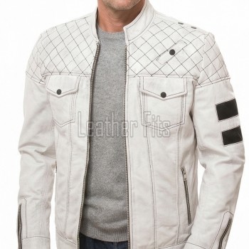 Men Off-White Leather Moto Jacket | Premium Genuine Lambskin Diamond Quilted Biker | Vintage Alabaster Cream Cafe Racer Striped Urban Coat