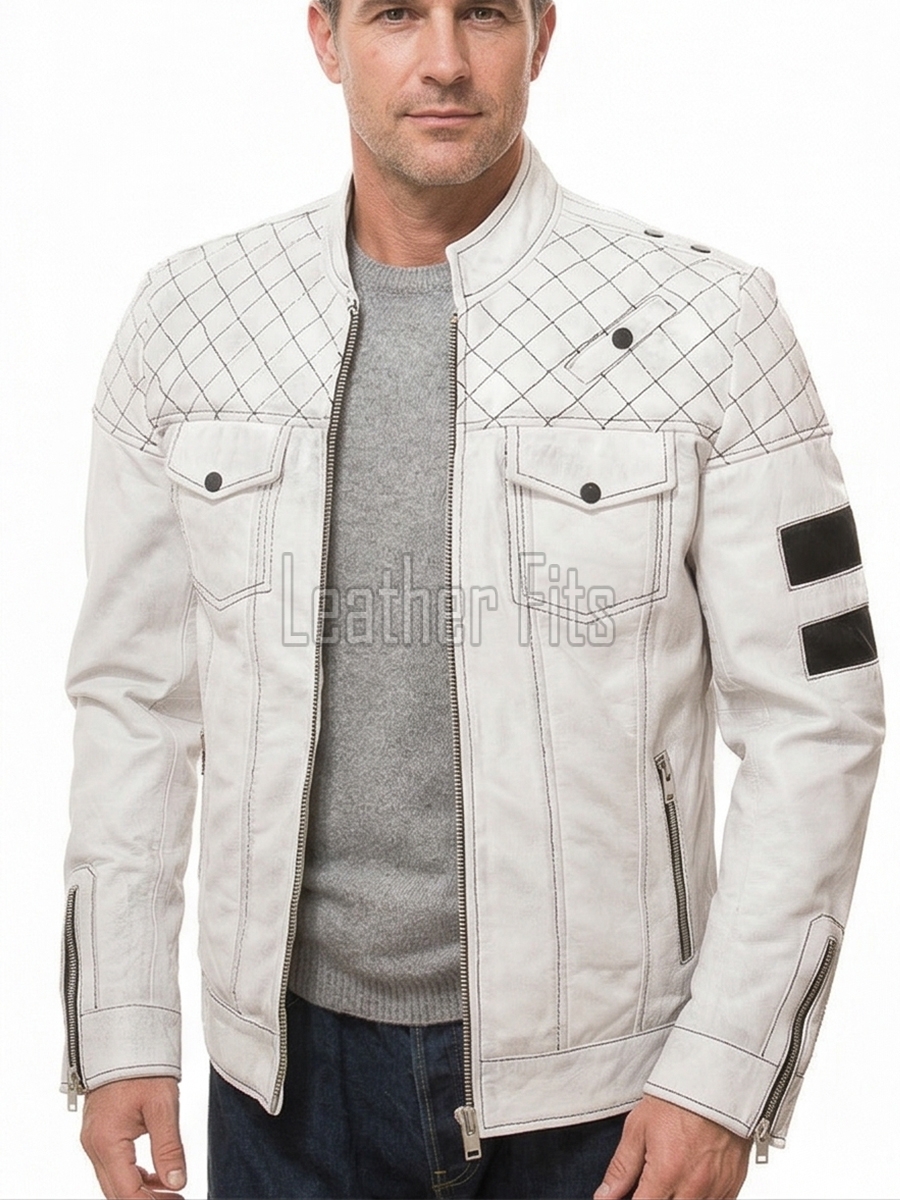 Men Off-White Leather Moto Jacket | Premium Genuine Lambskin Diamond Quilted Biker | Vintage Alabaster Cream Cafe Racer Striped Urban Coat